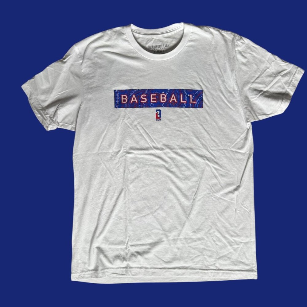 Baseball Lifestyle 101 White Blue Red Paisley Tshirt Mens Large EUC